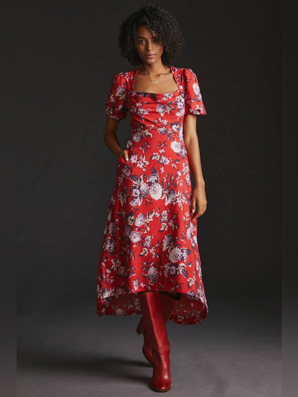 Anthropologie Red Floral High-Low Midi Dress - Size 2
